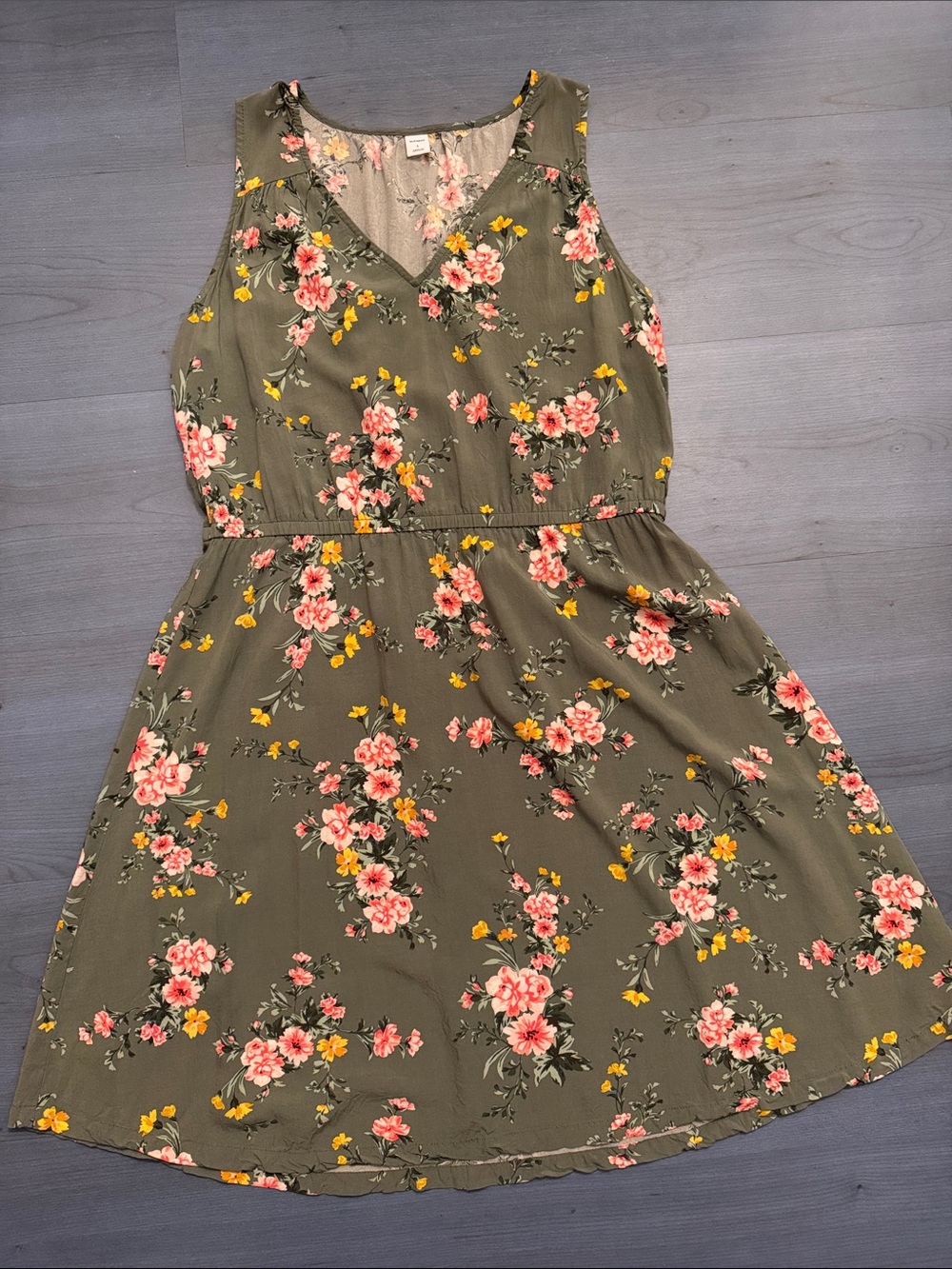 Old Navy Olive Green Floral V-Neck Sleeveless Dress
